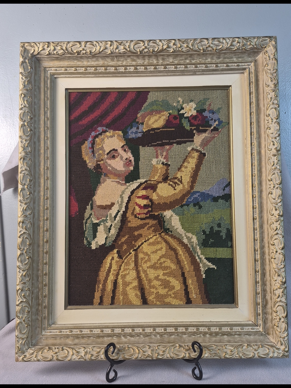 Framed Needlepoint Lady in Gold Gown Handmade Vintage